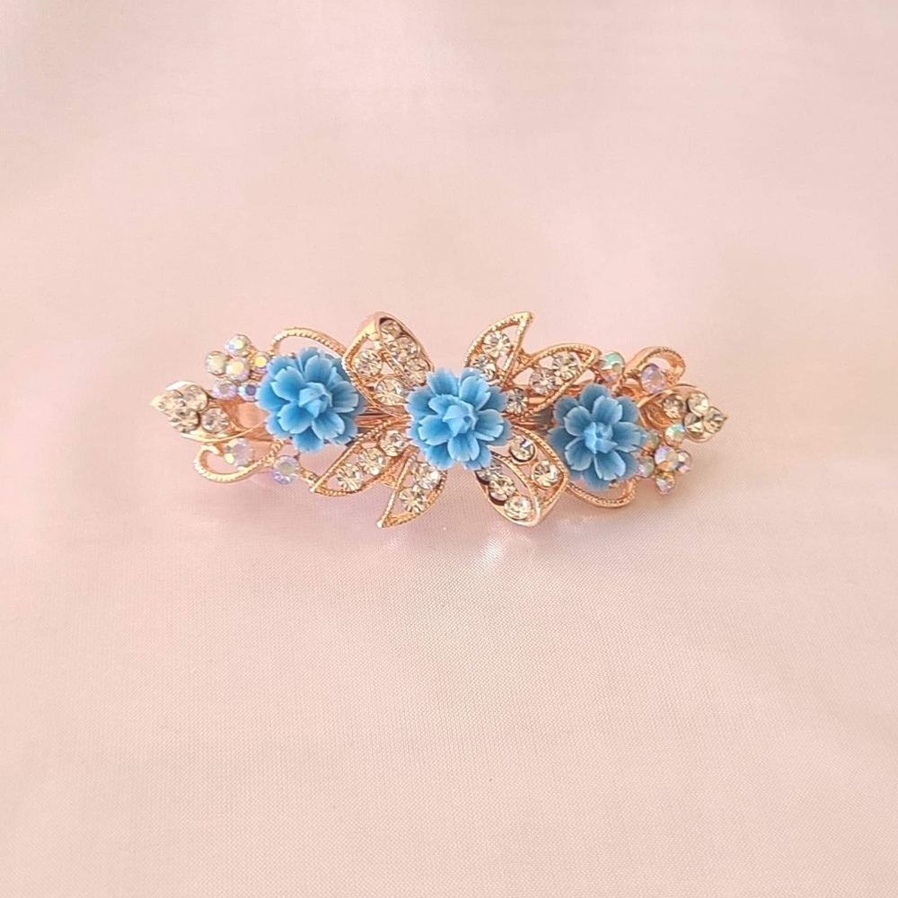 Blue Floral Crystal Barrette Hair Clip